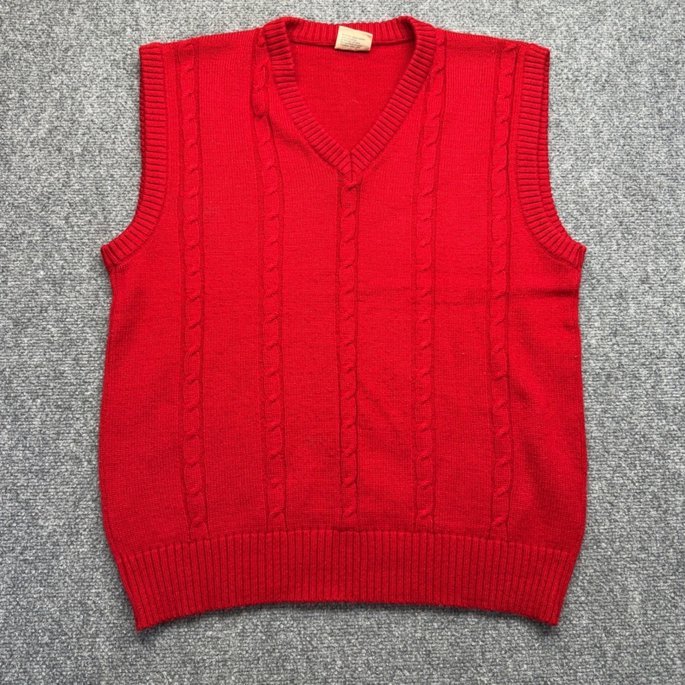 Vintage Bouvy Paris New York Red Cable Knit V-Neck Sweater Vest Mens Medium